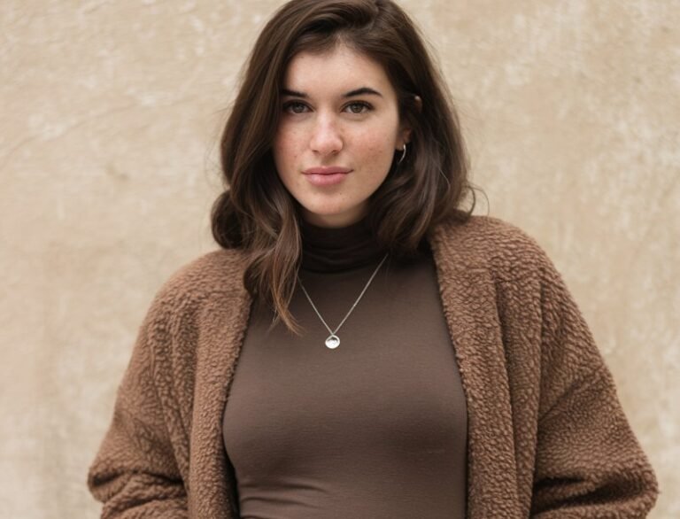 A natural-looking young woman wearing brown pants styled with a fitted turtleneck for a sleek, seasonless look. Theme brown pants outfit for women