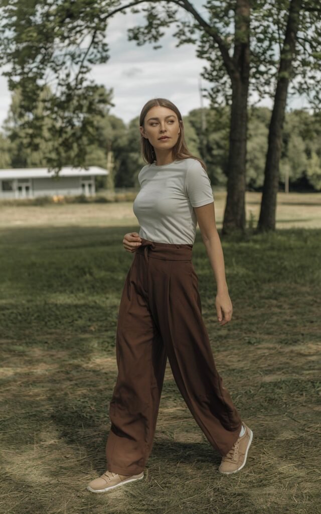 A natural-looking young woman wearing brown pants styled with a simple tee and clean sneakers for a modern minimalist outfit. Theme brown pants outfit for women
