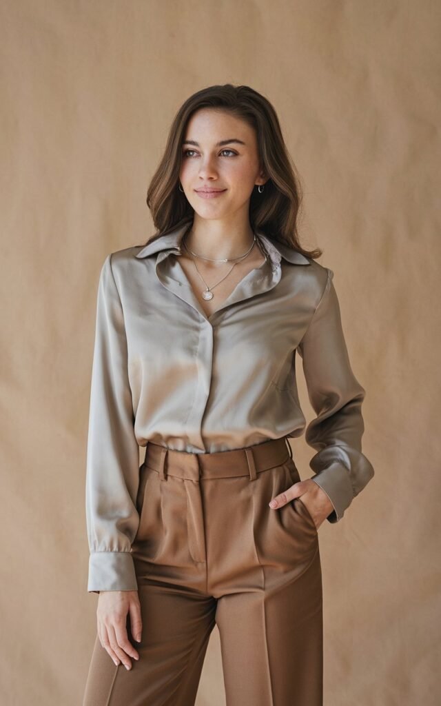 A natural-looking young woman wearing brown trousers paired with a silk or satin blouse for an elegant, sophisticated look. Theme brown pants outfit for women