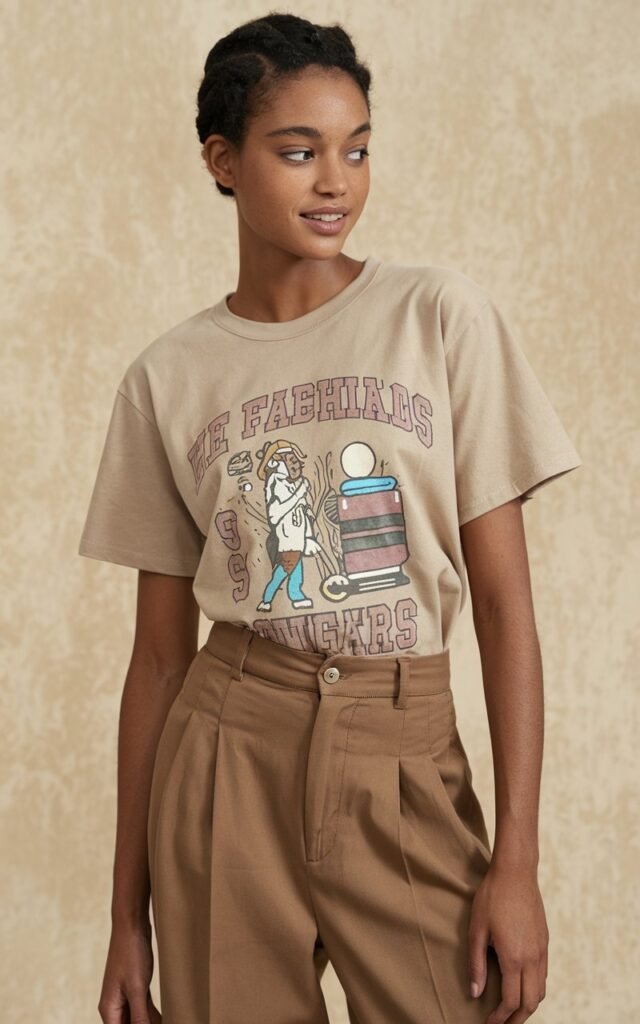 A natural-looking young woman wearing brown trousers styled with a tucked-in graphic tee for casual yet classy appeal. Theme brown pants outfit for women
