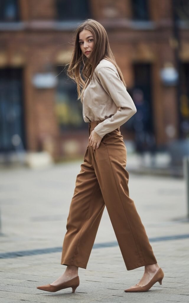 A natural-looking young woman wearing brown trousers styled with pointed-toe flats or heels for instant elegance. Theme brown pants outfit for women