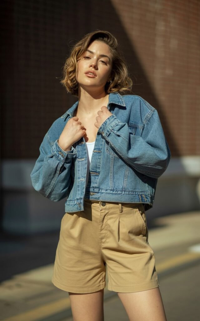 A natural-looking young woman wearing chino shorts layered with a denim jacket. Theme shorts outfits