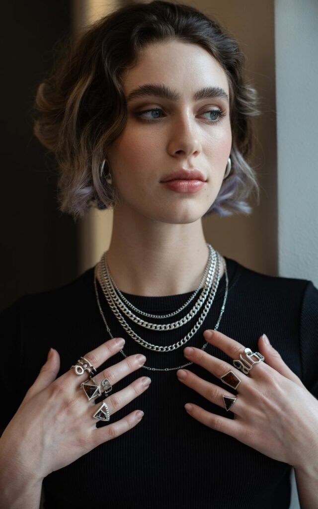 A natural-looking young woman wearing chunky chain necklaces and multiple silver rings as statement accessories. Theme emo outfits