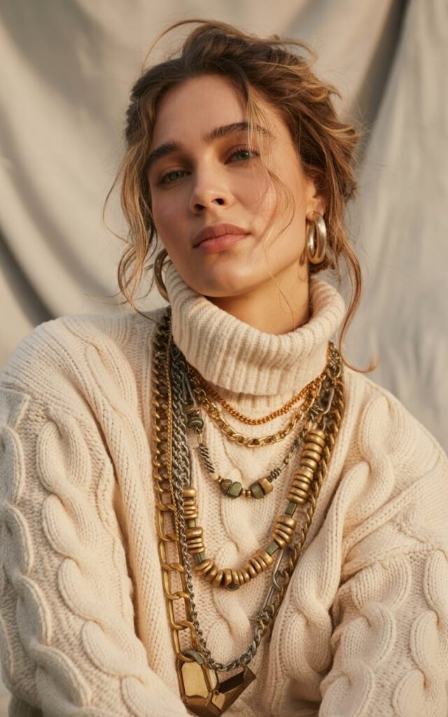 A natural-looking young woman wearing chunky necklaces layered over a turtleneck. Theme quirky fashion