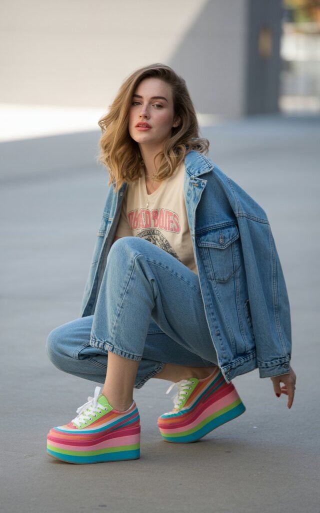A natural-looking young woman wearing colorful platform sneakers with a casual outfit. Theme quirky fashion