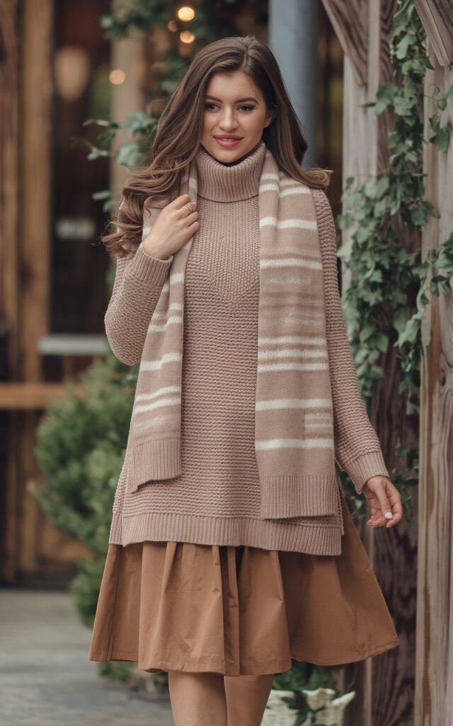 A natural-looking young woman wearing cozy accessories like a warm scarf and soft flats with a casual outfit. Theme thanksgiving outfit