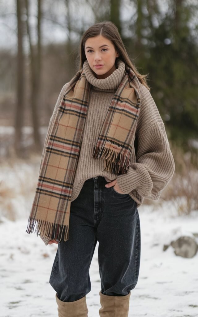 A natural-looking young woman wearing dark-wash baggy jeans styled for a refined winter look. Theme baggy jeans outfit winter
