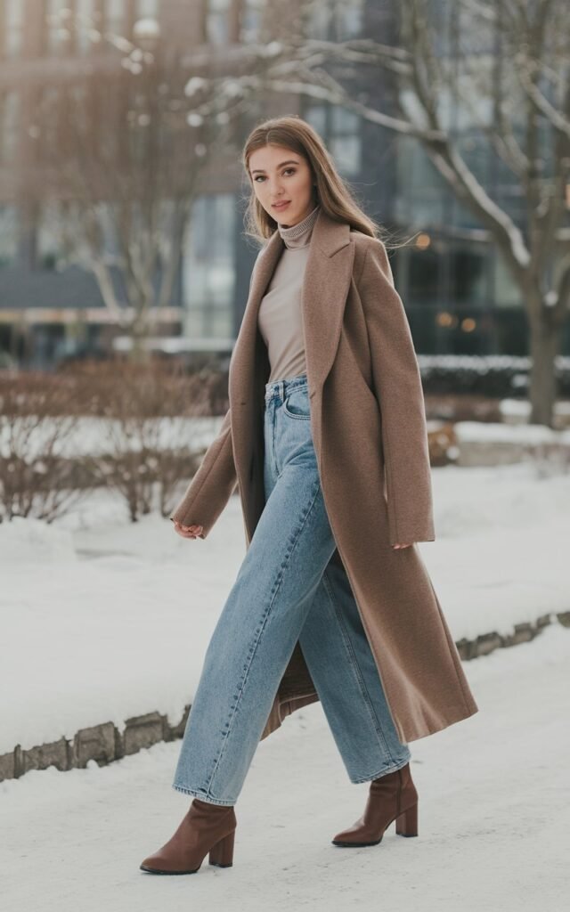 A natural-looking young woman wearing everyday denim elevated with a polished turtleneck and heeled boots. Theme winter fashion outfits 
