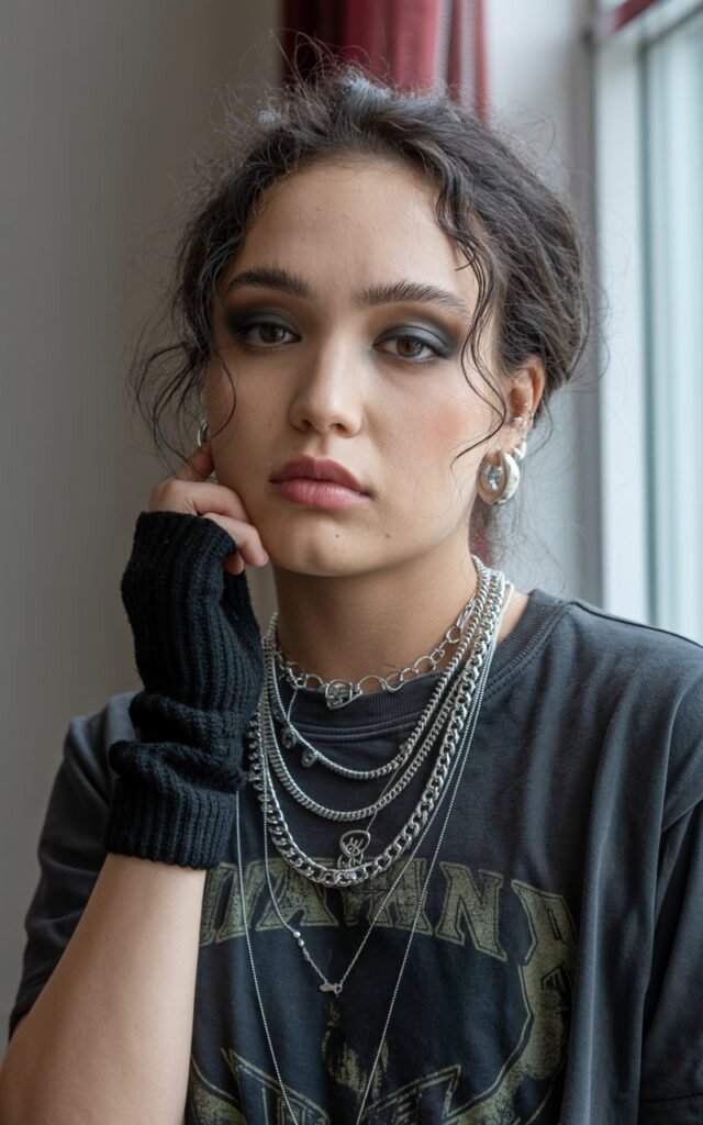 A natural-looking young woman wearing fingerless gloves styled with layered necklaces. Theme emo outfits