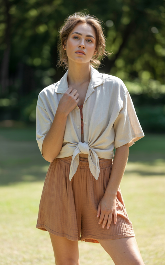 A natural-looking young woman wearing flowing shorts with a tie-front shirt. Theme shorts outfits