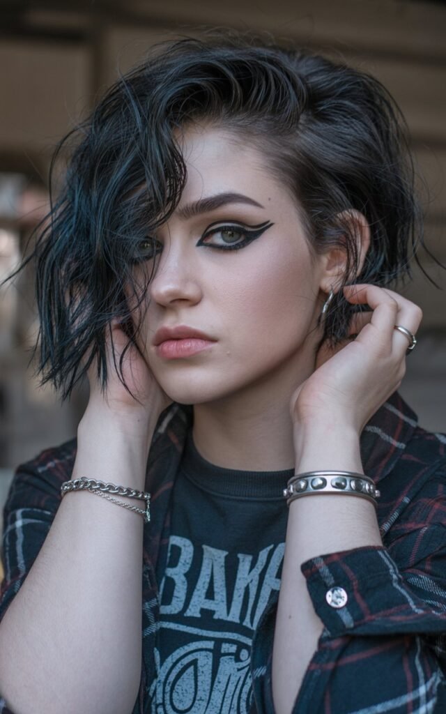 A natural-looking young woman wearing heavy eyeliner with intentionally messy hair. Theme emo outfits