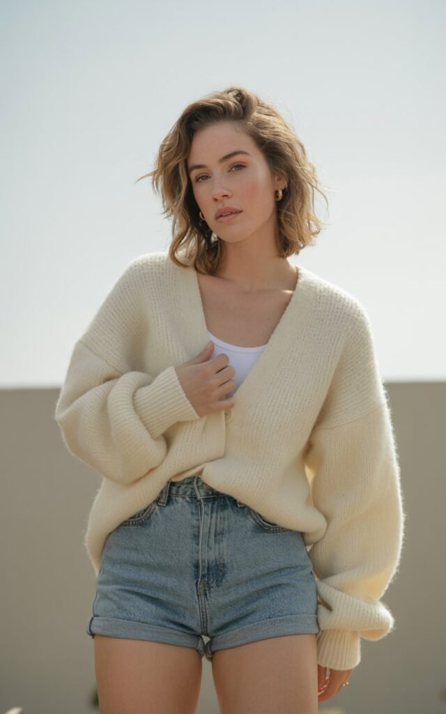 A natural-looking young woman wearing high-rise shorts with a lightweight cardigan. Theme shorts outfits