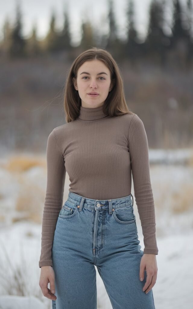 A natural-looking young woman wearing high-waisted baggy jeans paired with a fitted turtleneck tucked in neatly. Theme baggy jeans outfit winter