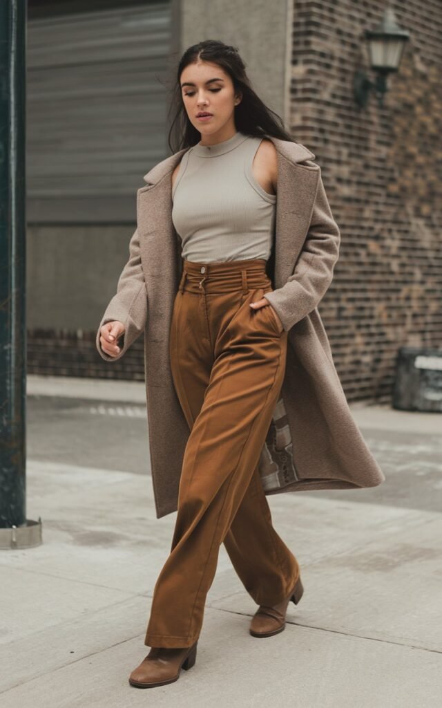 A natural-looking young woman wearing high-waisted brown pants with a neutral ribbed tank tucked in for a sleek silhouette. Theme brown pants outfit for women