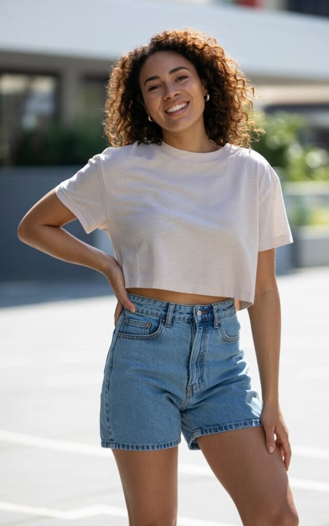 A natural-looking young woman wearing high-waisted denim shorts with a cropped tee. Theme shorts outfits