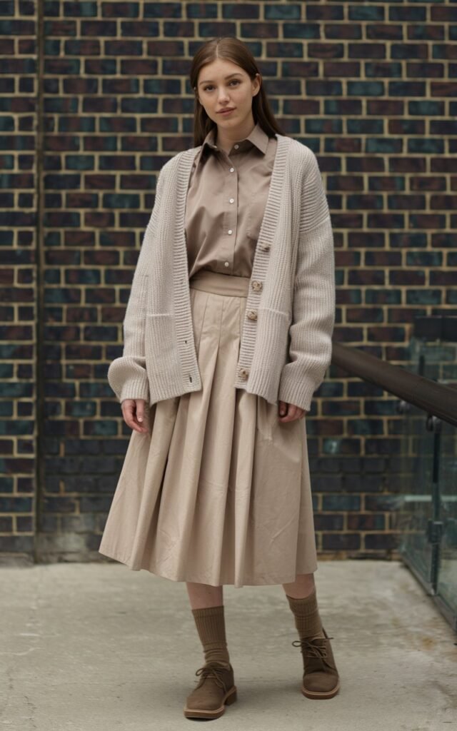 A natural-looking young woman wearing layered neutral-toned pieces for a polished look. Theme fashion inspo outfits