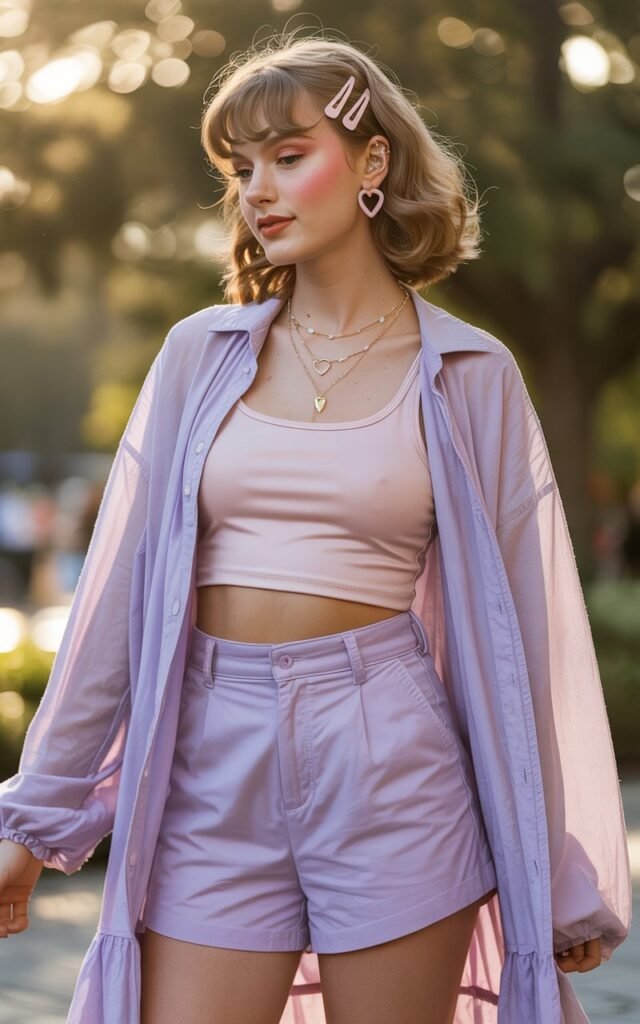 A natural-looking young woman wearing layered pastel pieces styled for a soft-girl Lover aesthetic. Theme eras tour outfits