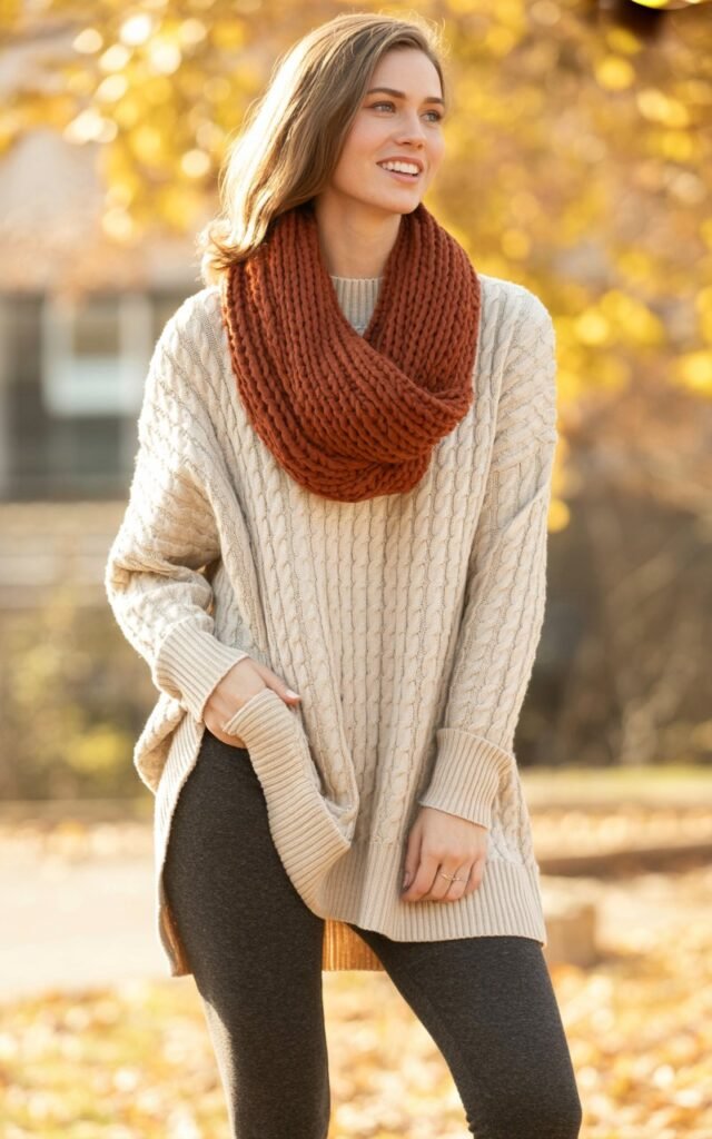 A natural-looking young woman wearing leggings with a tunic sweater and chunky scarf. Theme casual fall outfits