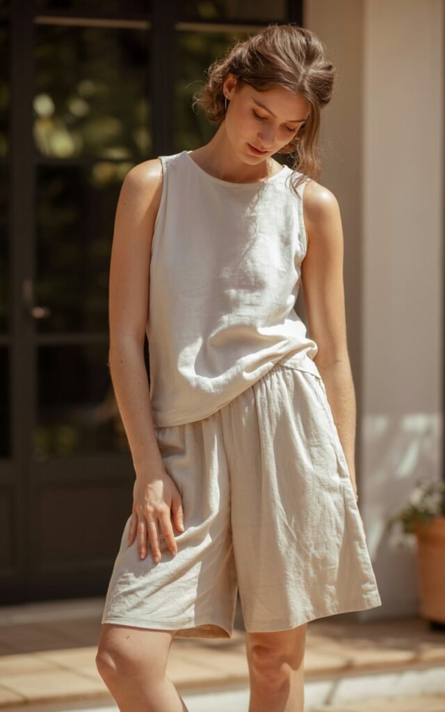 A natural-looking young woman wearing linen culotte shorts with a sleeveless top. Theme shorts outfits