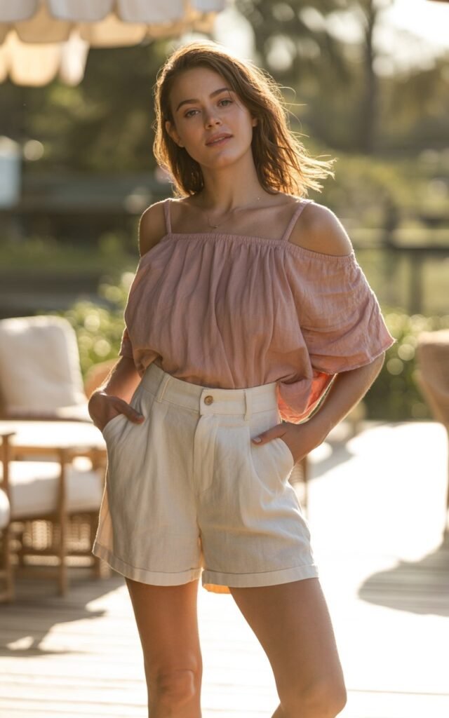 A natural-looking young woman wearing linen shorts with an off-shoulder top. Theme shorts outfits