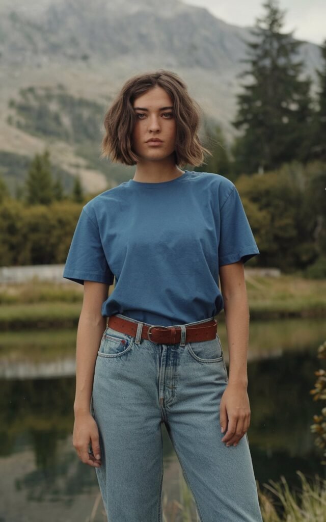 A natural-looking young woman wearing loose-fit jeans with a tucked-in basic tee and a leather belt. Theme tomboy outfits