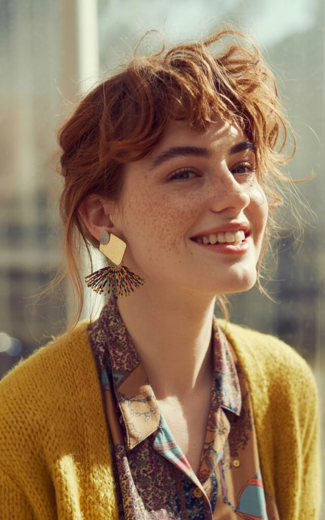 A natural-looking young woman wearing mismatched earrings. Theme quirky fashion