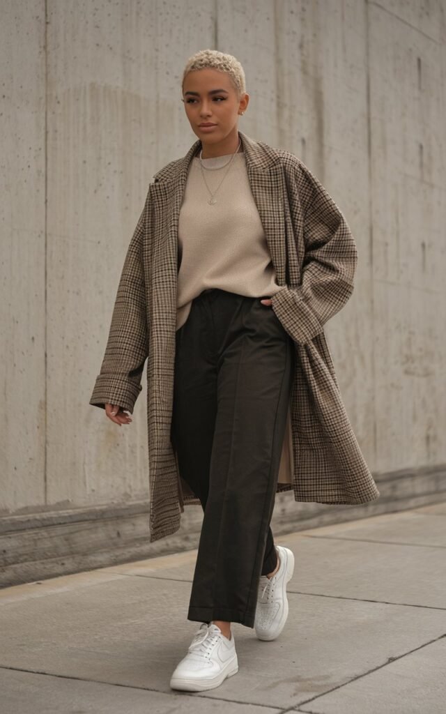 A natural-looking young woman wearing neutral-toned simple separates styled in beige, black, and white. Theme tomboy outfits