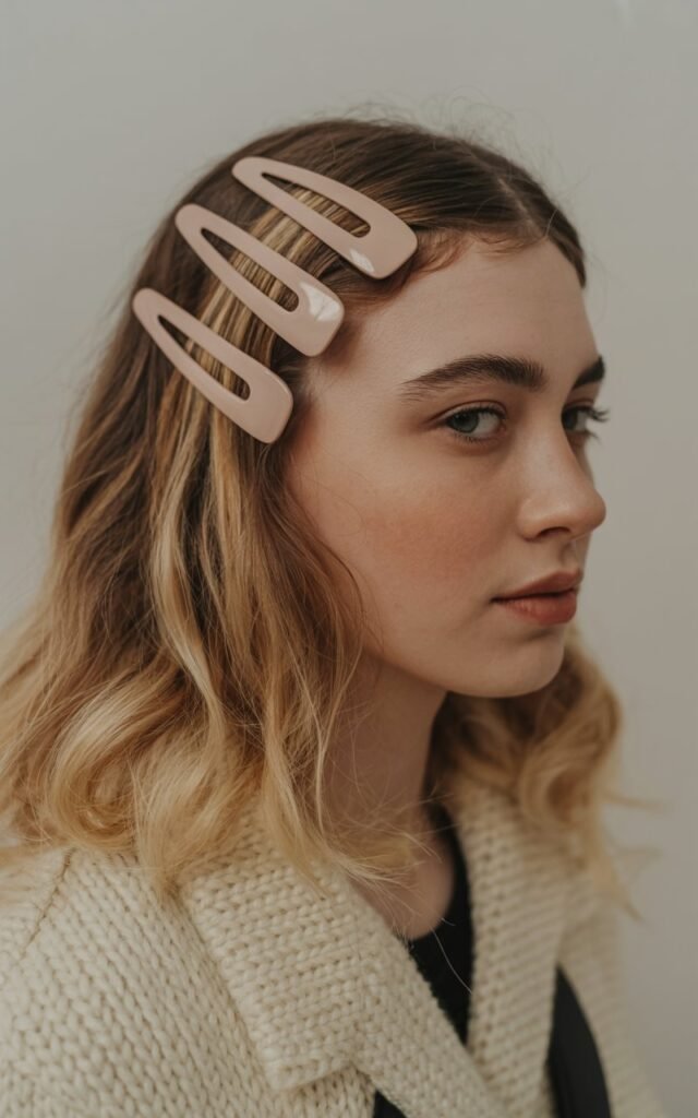 A natural-looking young woman wearing oversized hair clips styled in her hair. Theme quirky fashion