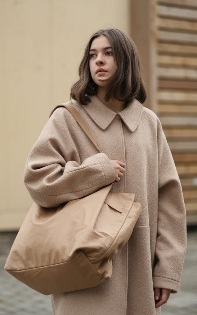 A natural-looking young woman wearing oversized silhouettes with clean lines and structured fabrics. Theme tomboy outfits