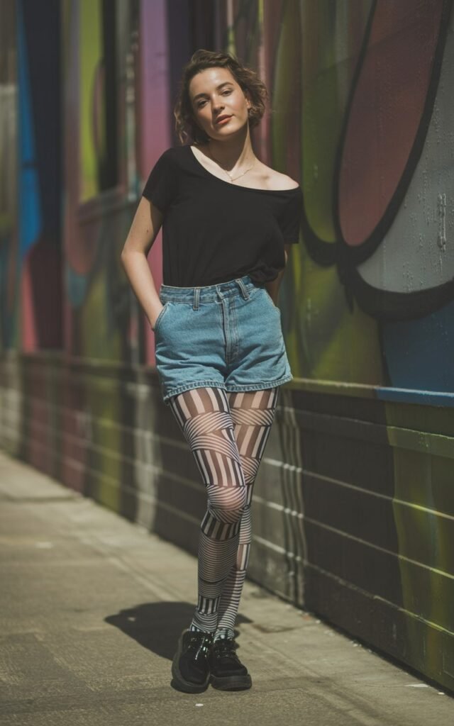 A natural-looking young woman wearing patterned tights under denim shorts. Theme quirky fashion