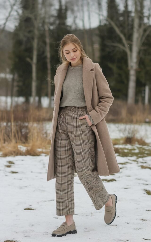 A natural-looking young woman wearing plaid trousers paired with a solid sweater and loafers. Theme winter fashion outfits 
