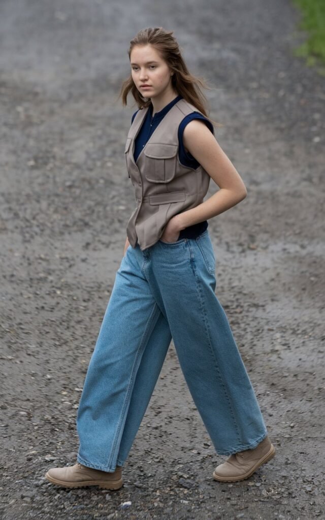 A natural-looking young woman wearing plain jeans elevated with a structured vest and simple footwear. Theme tomboy outfits