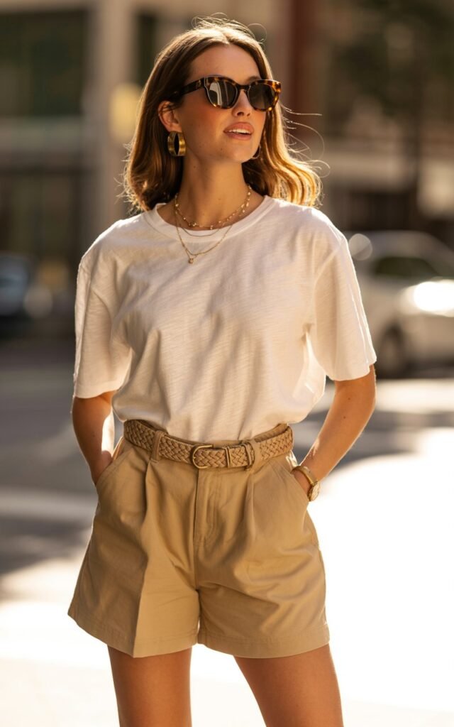 A natural-looking young woman wearing plain shorts accessorized with statement jewelry, sunglasses, and a belt. Theme shorts outfits