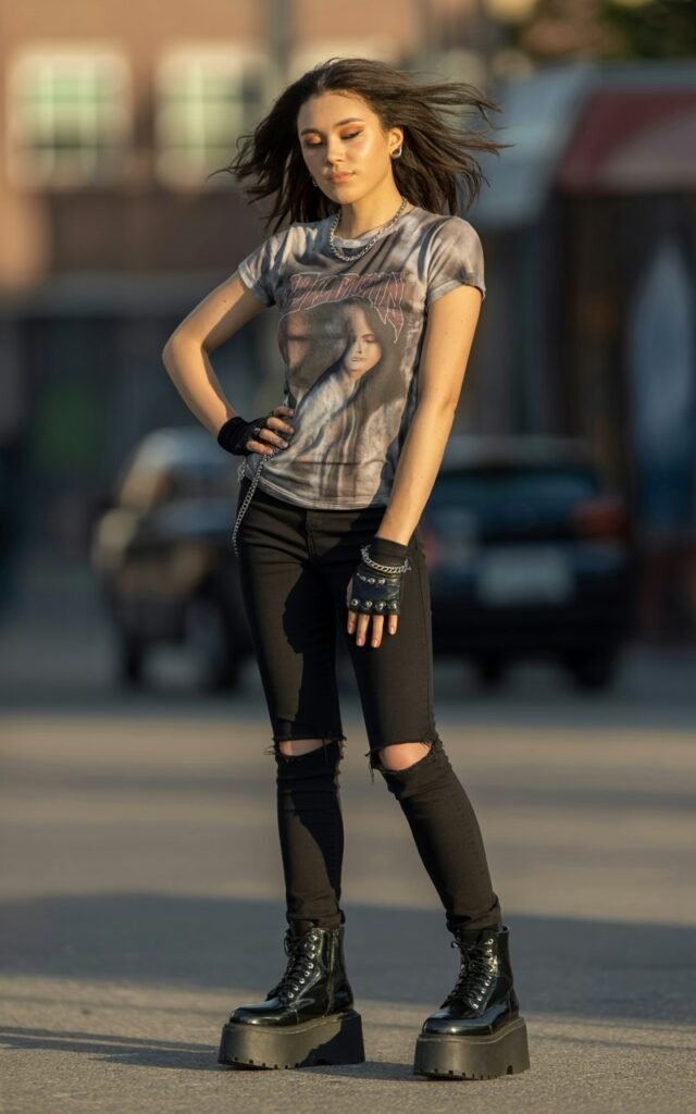 A natural-looking young woman wearing platform boots that add height and attitude. Theme emo outfits