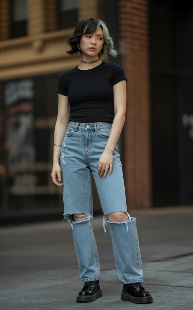 A natural-looking young woman wearing ripped straight-leg denim instead of skinny jeans. Theme emo outfits