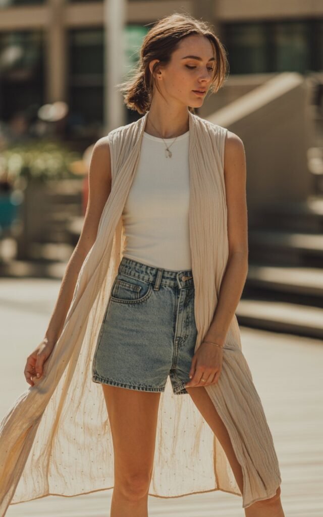 A natural-looking young woman wearing shorts layered with a breezy maxi vest. Theme shorts outfits