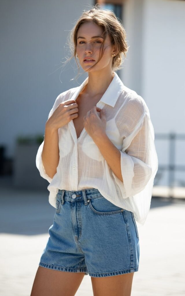 A natural-looking young woman wearing shorts with a sheer button-up blouse. Theme shorts outfits