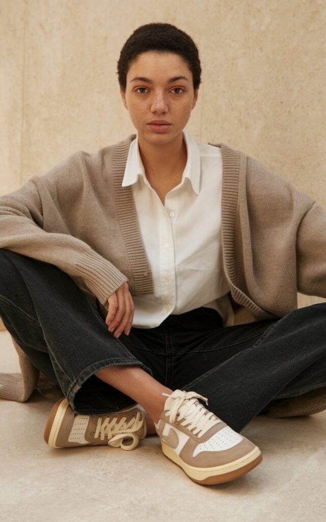 A natural-looking young woman wearing simple casual clothing styled with low-profile sneakers for an effortless look. Theme tomboy outfits