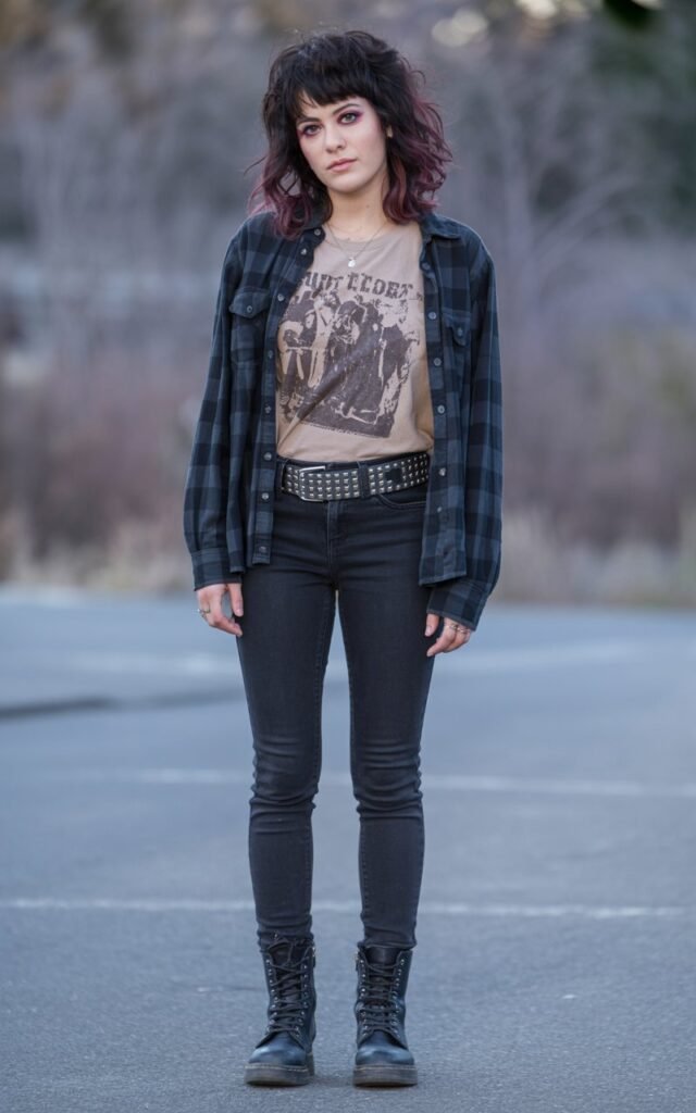 A natural-looking young woman wearing skinny jeans with a studded belt and combat boots. Theme emo outfits