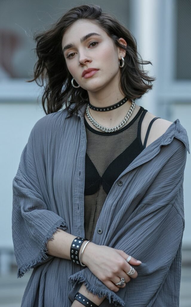 A natural-looking young woman wearing soft fabrics contrasted with edgy hardware details. Theme emo outfits