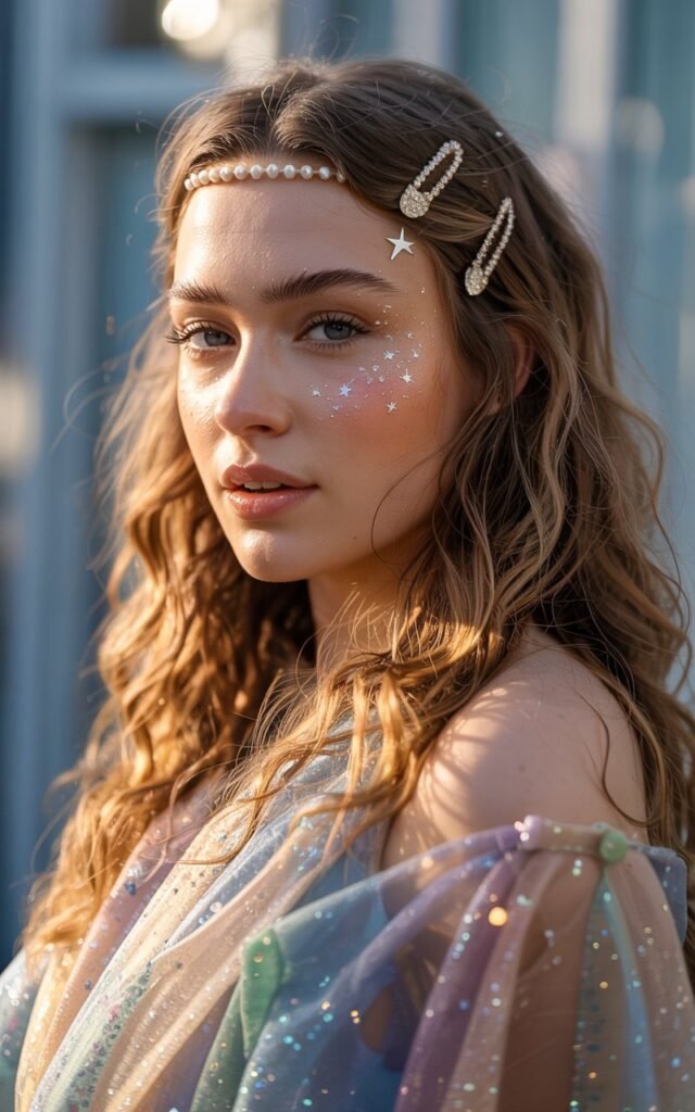A natural-looking young woman wearing starry makeup paired with playful hair accessories. Theme eras tour outfits