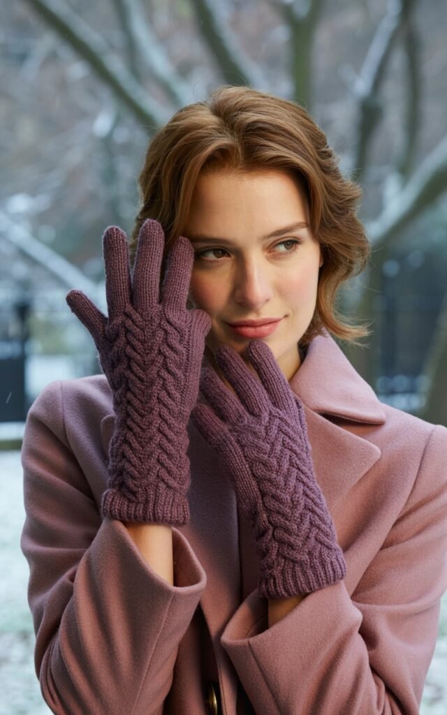 A natural-looking young woman wearing statement gloves with a matching coat. Theme winter fashion outfits
