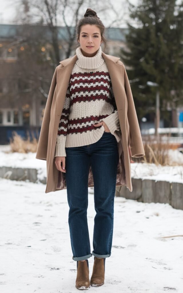 A natural-looking young woman wearing straight-leg jeans paired with a chunky turtleneck sweater and ankle boots. Theme winter fashion outfits 