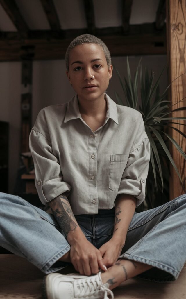 A natural-looking young woman wearing straight-leg jeans paired with a relaxed button-down shirt and rolled sleeves. Theme tomboy outfits