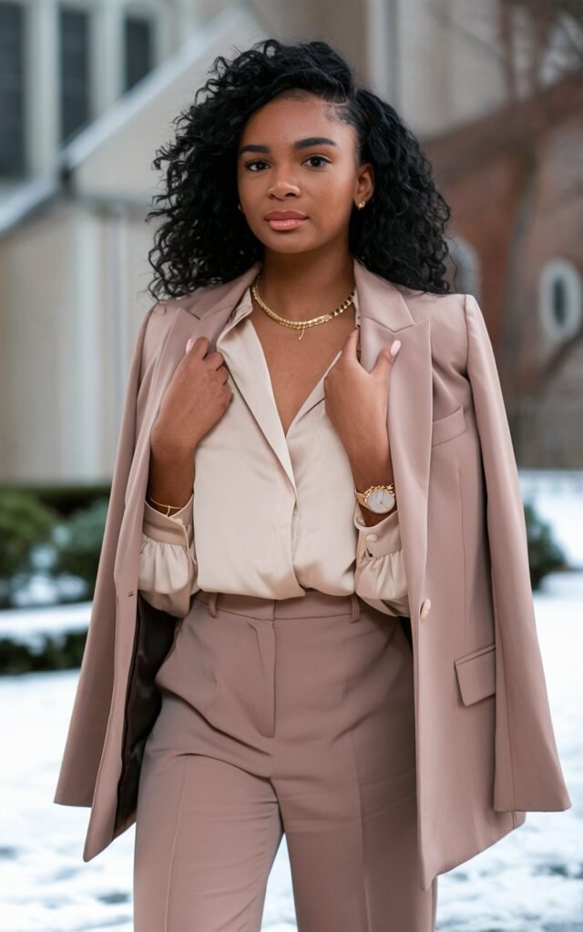 A natural-looking young woman wearing straight-leg pants styled with a feminine blouse. Theme church winter outfit. Generate two different images using the same prompt.