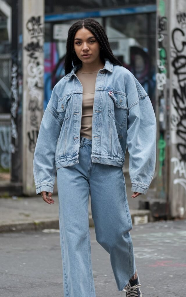 A natural-looking young woman wearing straight or relaxed-fit denim styled with a basic top and sneakers. Theme tomboy outfits