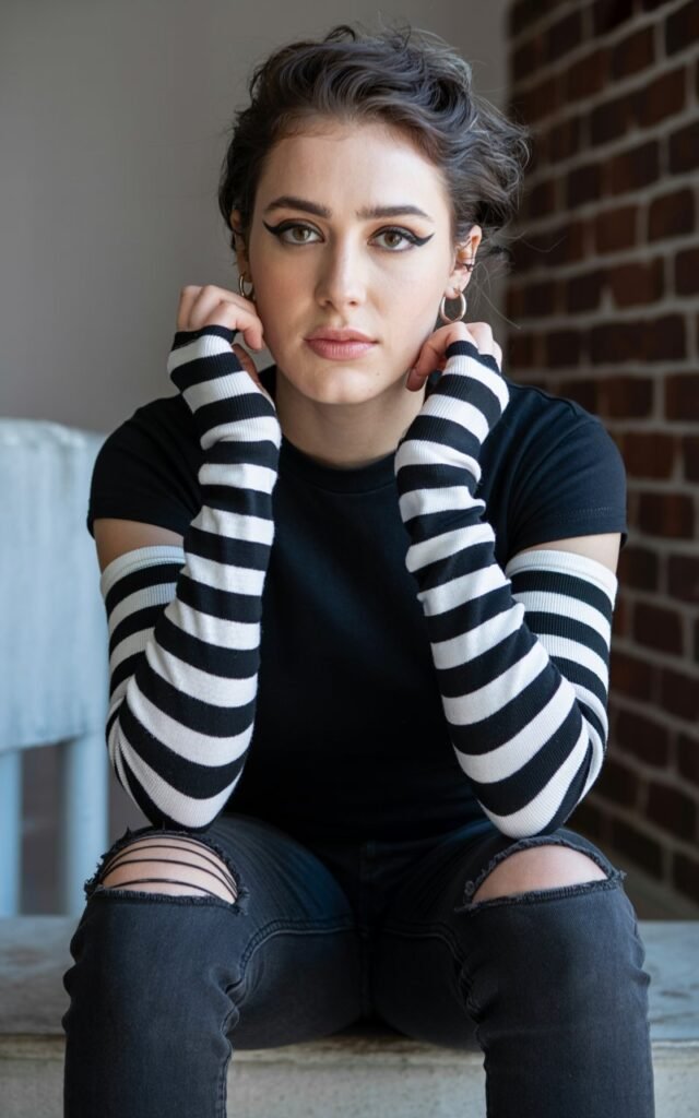 A natural-looking young woman wearing striped arm warmers or leg warmers styled into her outfit. Theme emo outfits