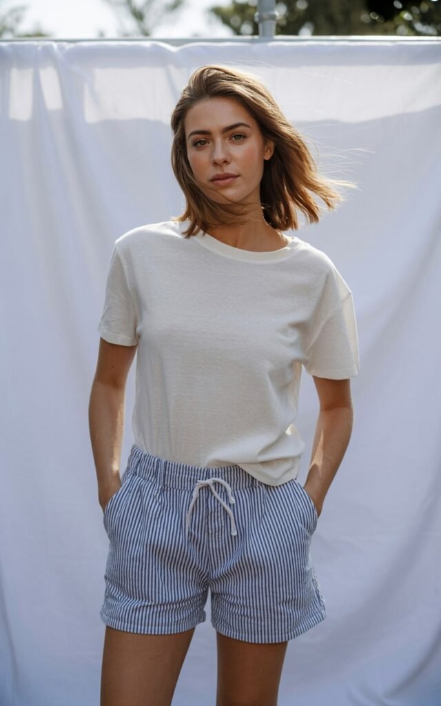 A natural-looking young woman wearing striped shorts with a simple white tee. Theme shorts outfits
