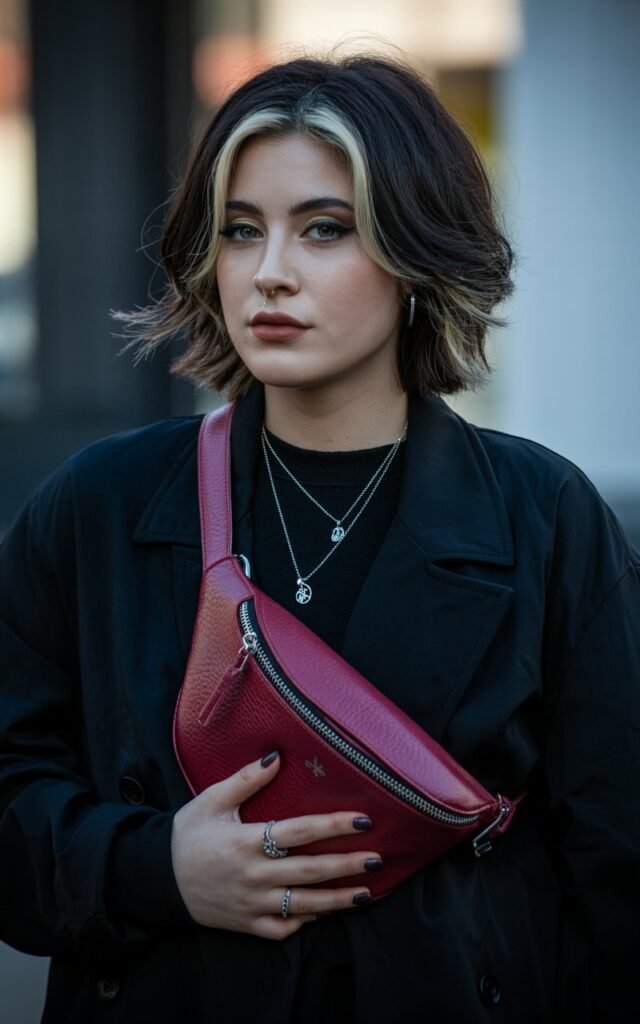 A natural-looking young woman wearing subtle red accents in her shoes or handbag. Theme emo outfits