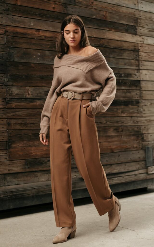 A natural-looking young woman wearing tailored brown trousers styled with a soft knit sweater in warm neutral tones. Theme brown pants outfit for women